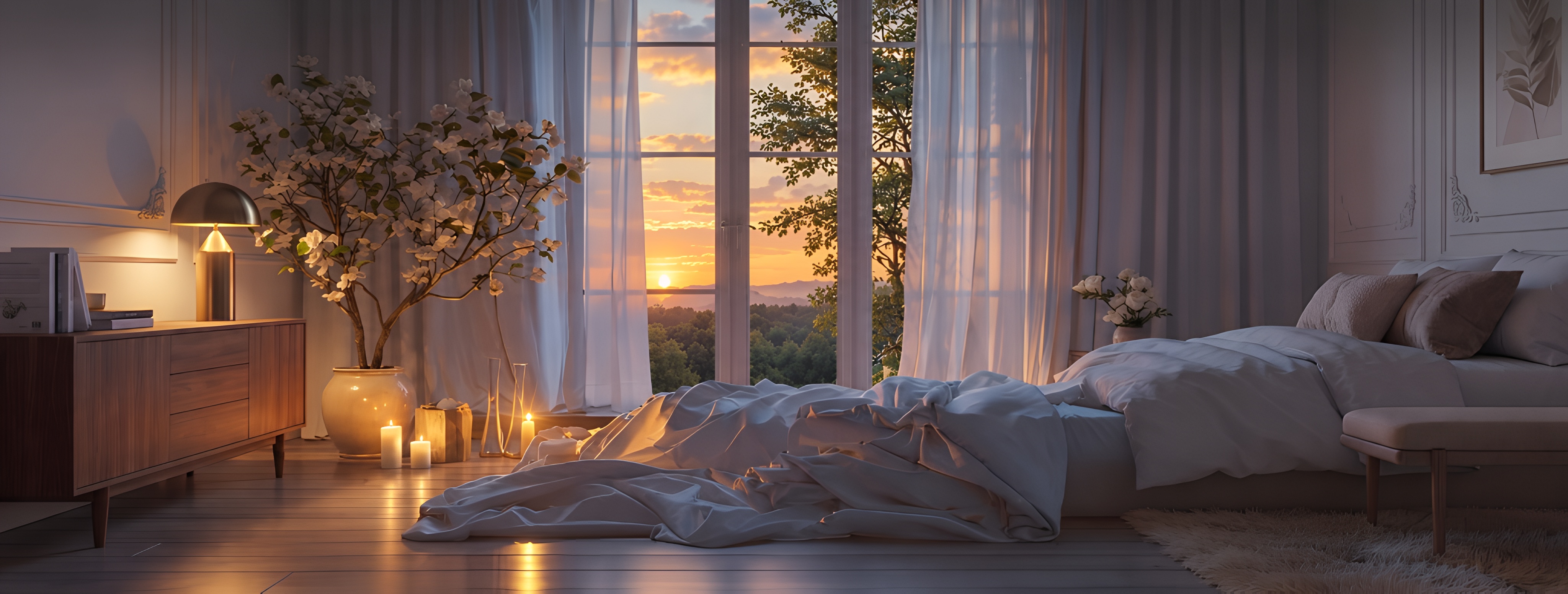 Dormitorio con cortinas vaporosas y luz de atardecer