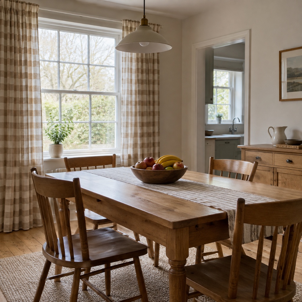 Comedor rústico con cortinas de cuadros beige