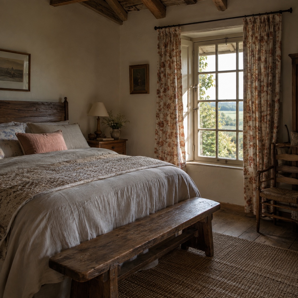 Dormitorio rural con cortinas florales
