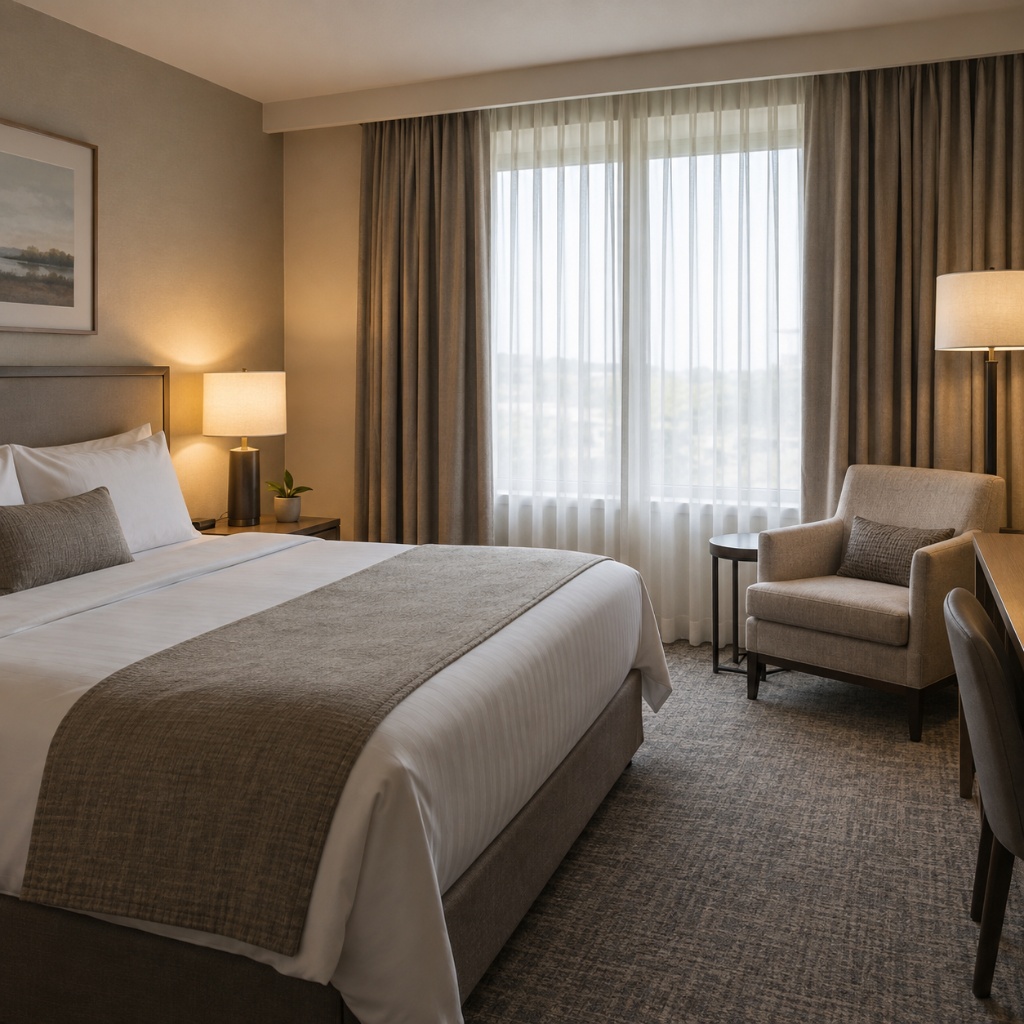 Habitación de hotel con cortinas dobles beige