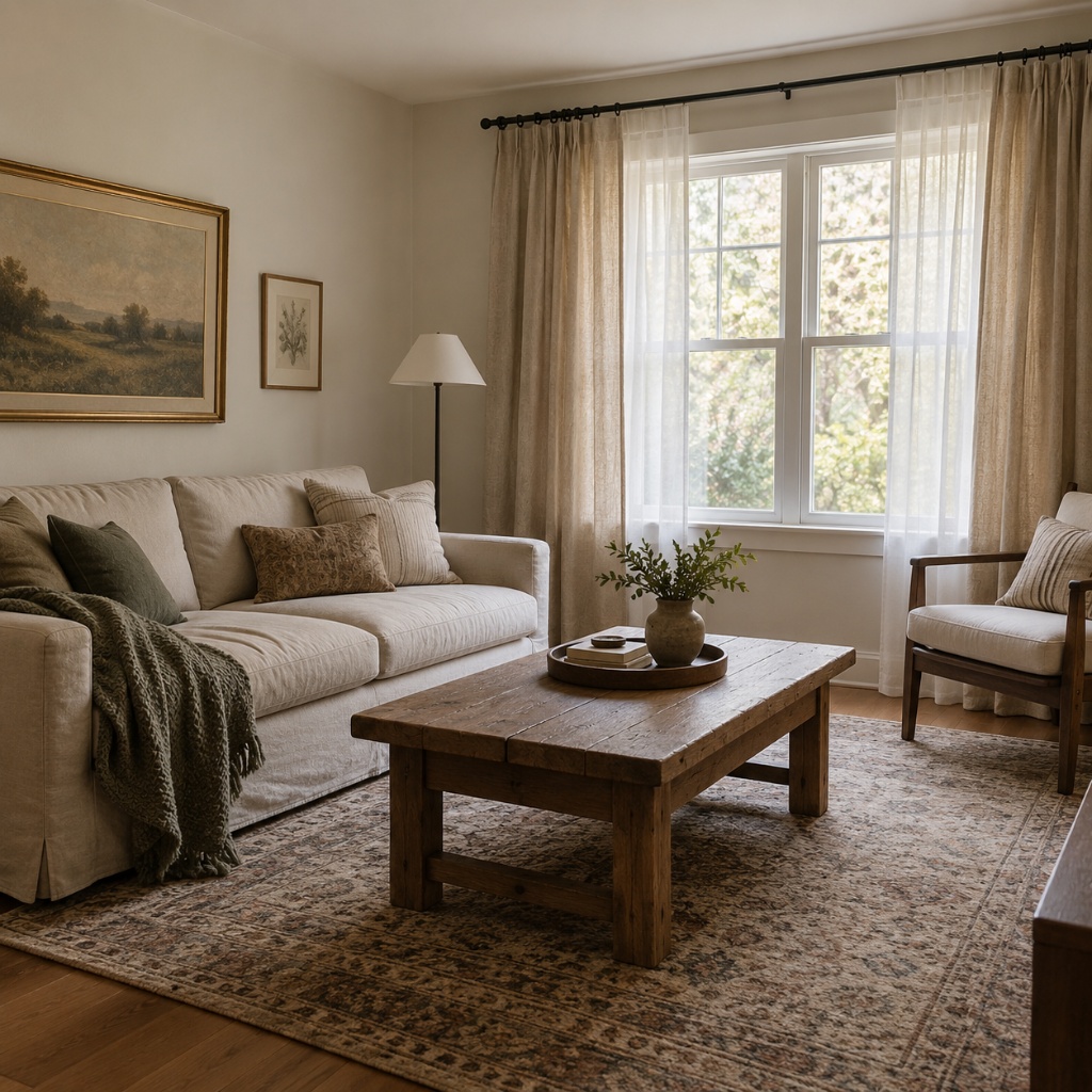 Salón cálido con cortinas de lino beige