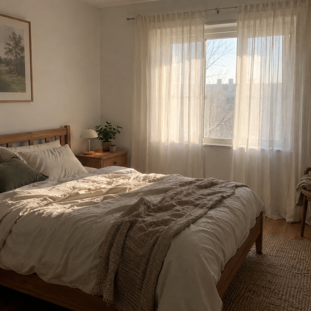 Dormitorio nórdico con visillo blanco